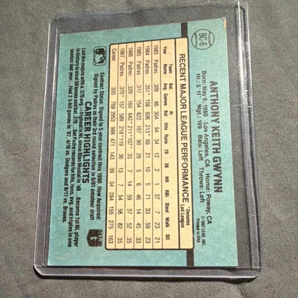 Donruss 1988 MVP Tony Gwynn #BC-6 San Diego Padres Baseball Card MLB